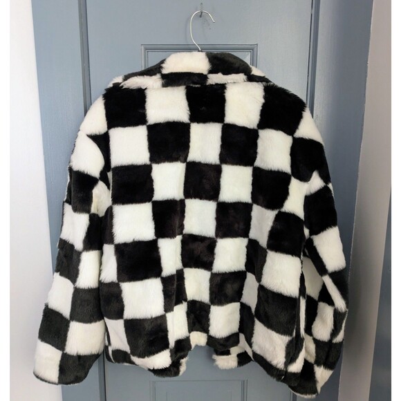 VANS Off The Wall NATALIE JACKET Faux Fur BLACK WHITE CHECKERBOARD XS Skate Coat - Picture 6 of 7